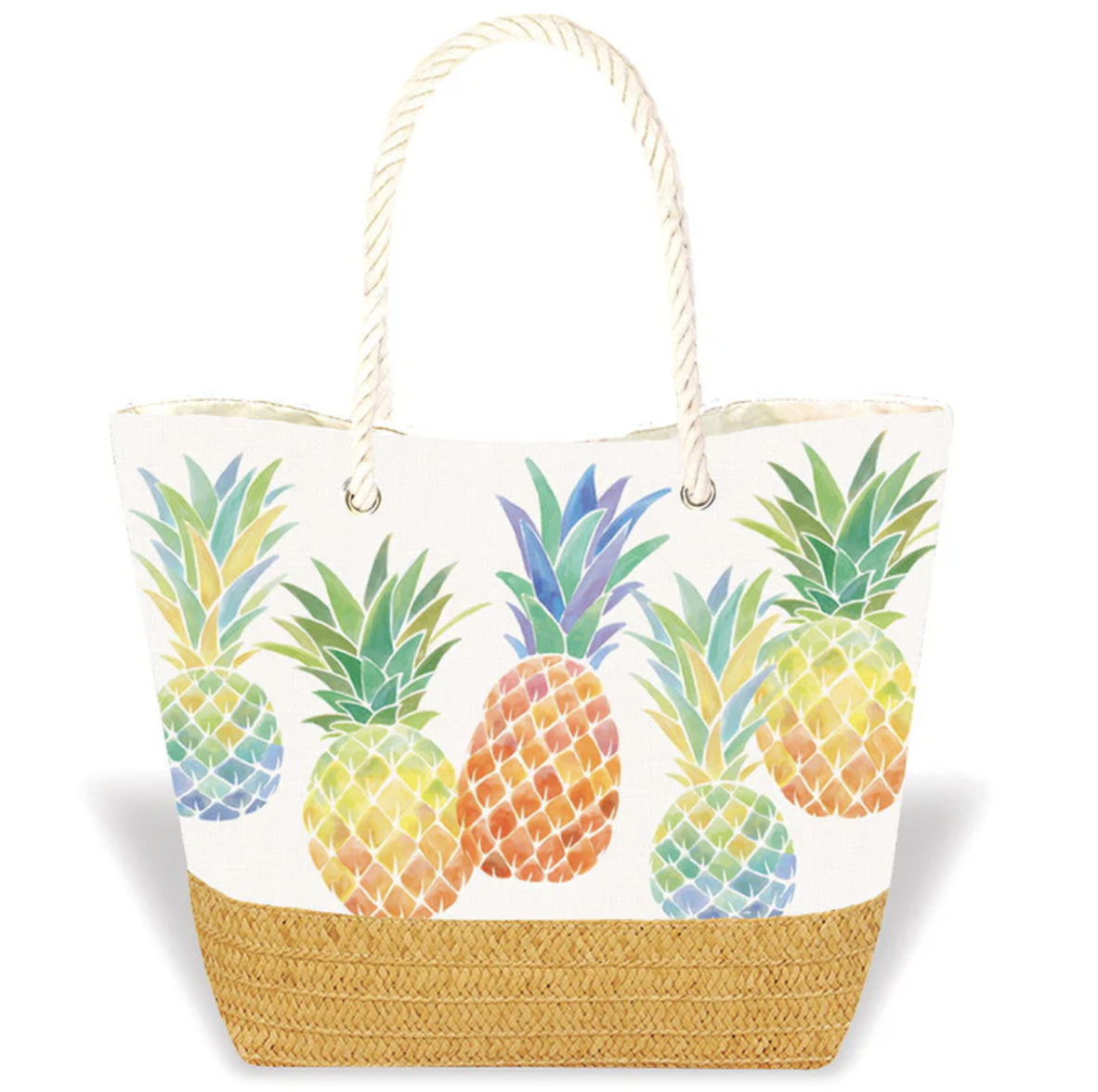 Tropical Straw Beach Tote Watercolor Pineapple