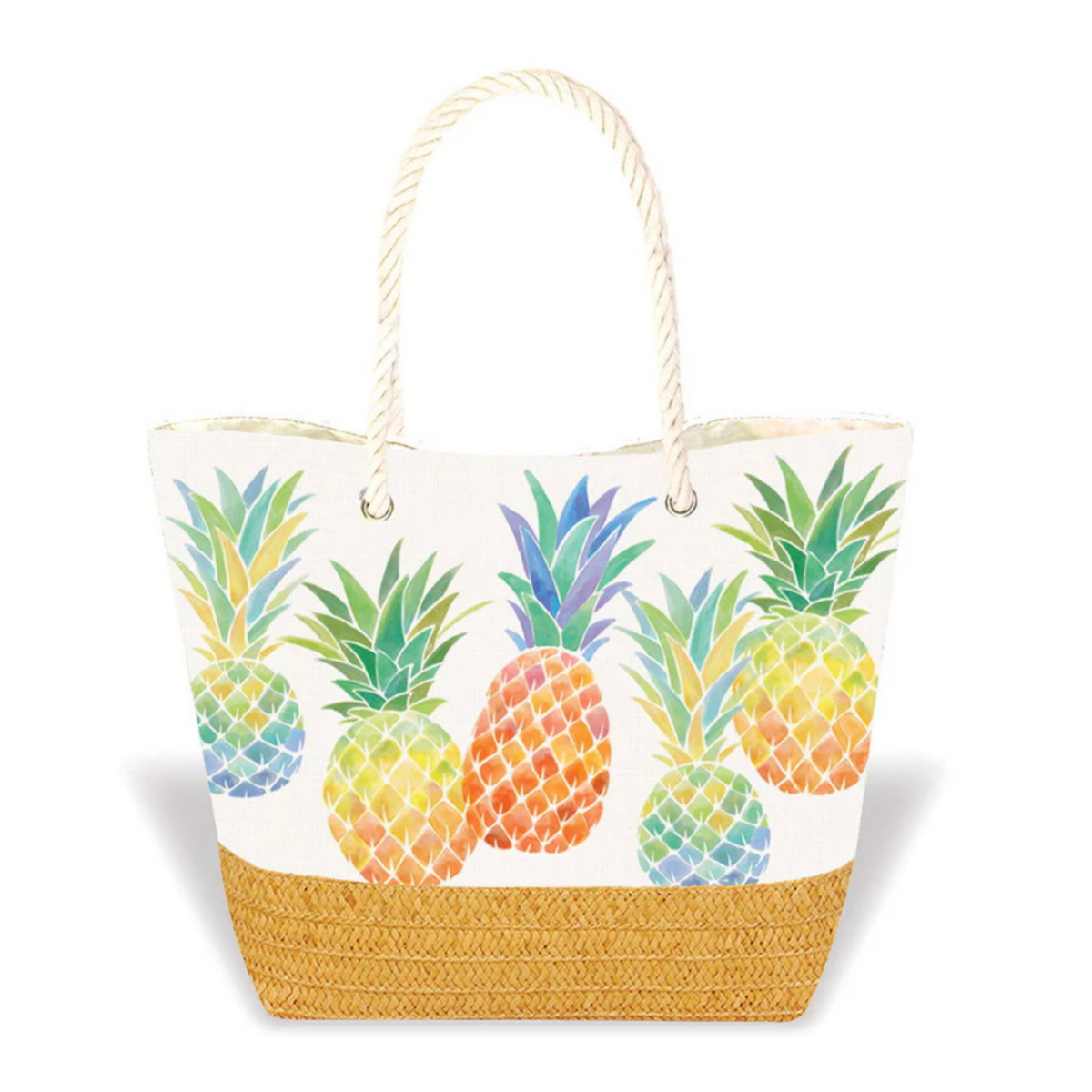Tropical Straw Beach Tote Watercolor Pineapple